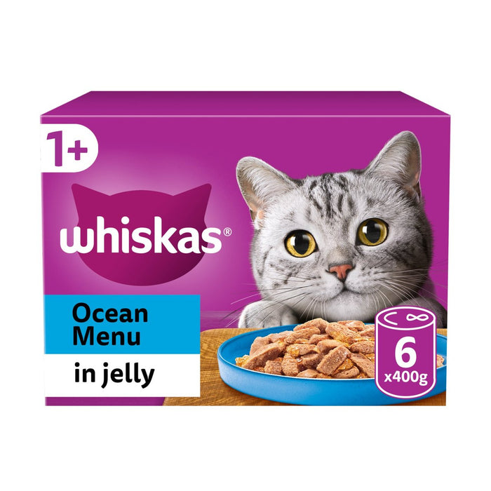 Whiskas 1+ Menú del océano del océano de comida para gatos húmedos para adultos en gelatina 6 x 400g